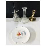 BRASS CANDLE STICK, KNOWLES PLATE SIGNED ETC.