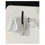 CAKE KNIFE, DECORATIVE MILK GLASS PEAR, ETC.