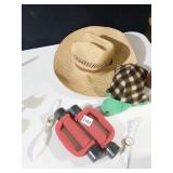 2 WATCHES, STRAW HAT, HAND WEIGHTS, ETC.