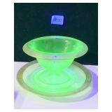 VINTAGE URANIUM GLASS WITH GOLD RIM, & TRAY