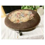 NEEDLEPOINTED WOOD LEG ANTIQUE STOOL