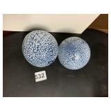 TWO BLUE MOTTLED HAND-BLOWN GLASS GLOBES