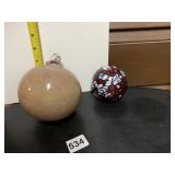 LARGE BEIGE & SMALLER RED & WHITE GLASS GLOBES