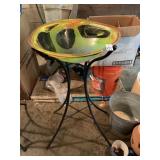BLOWN GLASS BIRD BATH AND METAL STAND