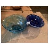 TWO HAND BLOWN GLASS BLUE BOWLS