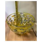 UNUSUAL YELLOW W/BLUE DOTS BOWL HAND BLOWN &