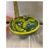 GREEN & YELLOW SWIRLED CANDY DISH HAND BLOWN