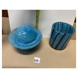 HAND BLOWN LIDDED BLUE DISH AND BLUE & BLACK