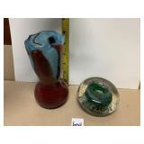 SIGNED HAND BLOWN RED & BLUE VASE AND GREEN &