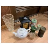 LANTERN CANDLE HOLDER, HEAVY GLASS VASE, TEA POT