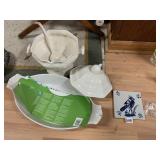 BIRD HAND PAINTED TILE, PUNCH BOWL & LADLE AND