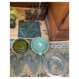 VARIOUS PLATES, PIECES OF TILE AND WINE BOTTLE