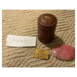 PINK QUARTZ WORRY STONE, LEATHER BOX W/ LION TOP