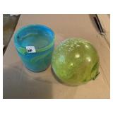 HAND BLOWN GREEN GLASS GLOBE AND BLUE & YELLOW