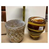 TWO BLOWN GLASS SMALL PLANTERS CREAM & BROWN AND