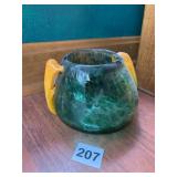 DOUBLE HANDLED HAND-BLOWN ART GLASS BOWL 3 1/2