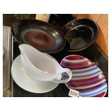 GLAZE POTTERY SIGNED LARGE SERVING BOWL, PIE PAN,