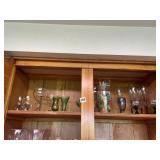 SHELF OF GLASSWARE INCLUDING HAND BLOWN PIECES,