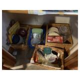 BASKETS WITH PLASTIC UTENSILS JARS ETCETERA
