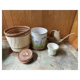 HAND PAINTED PLANTERS, WICKER BASKET, WATERING