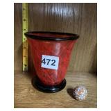 BLACK RIMMED RED BLOWN GLASS VASE SIGNED BY