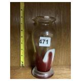 CLEAR BLOWN GLASS VASE W/RED & WHITE BASE SIGNED