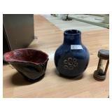 HAND BLOW FLOWER VASE, ABSTRACT BOWL & SAND TIMER