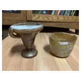 GLASS BLOWN HANDLED VASE & GOLD COLORED BOWL