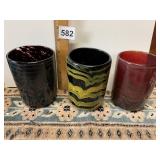 THREE HAND BLOWN GLASS SIGNED SMALL BOWLS