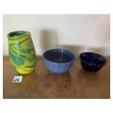 3 BLOWN GLASS PC. 2 BOWLS AND GREEN AND YELLOW