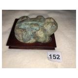CAST IRON FROG MADE IN HONG KONG ON WOOD PEDESTAL
