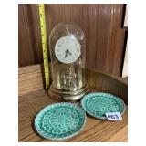 TWO GREEN SAUCERS AND GLASS DOMED CLOCK