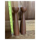 TWO WOODEN CANDLE HOLDERS BOTH MARKED ON BOTTOMS