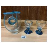 HAND BLOWN GLASS DECANTER & TWO STEMMED GLASSES