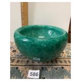 SIGNED THICK GREEN HAND-BLOWN GLASS BOWL