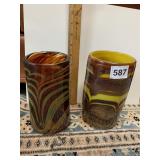 TWO YELLOW & BROWN BLOWN GLASS TUMBLER