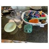 LARGE BASKET OF CLIPS, MEASURING CUP, LUX TIMER