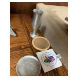 DRINK COASTERS AND PEWTER COLORED BUD VASE