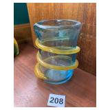 BANDED ART GLASS VASE ORANGE COLORS ON BLUE 5 1/4