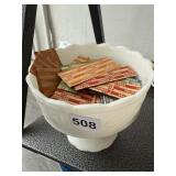 E.O. BRODY MILK GLASS DISH WITH CONTENTS