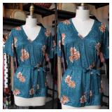 80s Deadstock Green Floral Poly Top with Belt