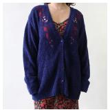 90s Navy Chenille Cardigan with Floral