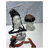 VINTAGE BROWN VELVET TRIM HAT AND BLACK CAP WITH
