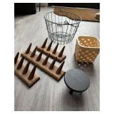 WIRE BASKET WITH DISPLAY ITEMS WOODEN BASKET AND