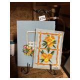 SMALL EASEL W/ VINTAGE NEEDLE POINT EASEL- 15"H