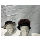 VINTAGE BROWN NET HAT AND BLACK FELT BOATER HAT