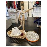 POSABLE FIGURE, EMBROIDERY HOOP, BASKET OF