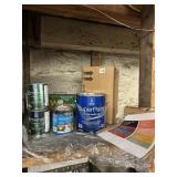 BOX OF ASSORTED PAINTS AND STAINS RED,PURPLE,