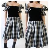 80s Black Velvet and Plaid Taffeta Party Dress