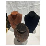 THREE VELVET COVERED NECKLACE STANDS